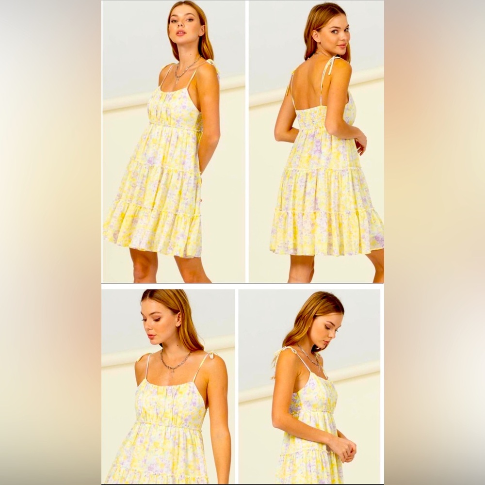 Yellow Floral Tie Strap Mini Dress
